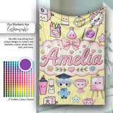 Cute Kawaii Graduation School Science Art Supplies Pattern Yellow  Personalised Custom Name Super Soft Fleece Blanket Bed Sofa Throw