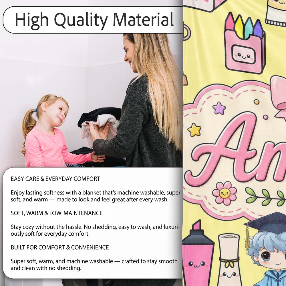Cute Kawaii Graduation School Science Art Supplies Pattern Yellow  Personalised Custom Name Super Soft Fleece Blanket Bed Sofa Throw