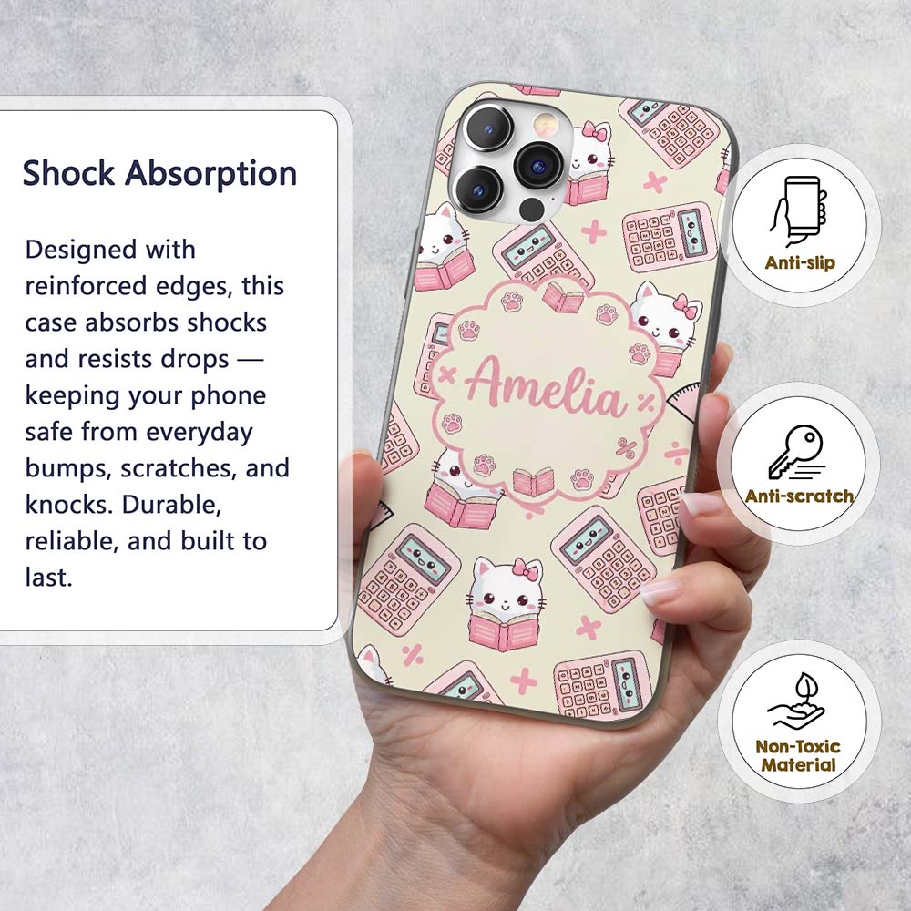 Cute Kawaii Maths Cat Calculator Ruler Seamless Custom Name Protective Phone Case Mobile Cover Durable Everyday Smartphone Shock Resistant