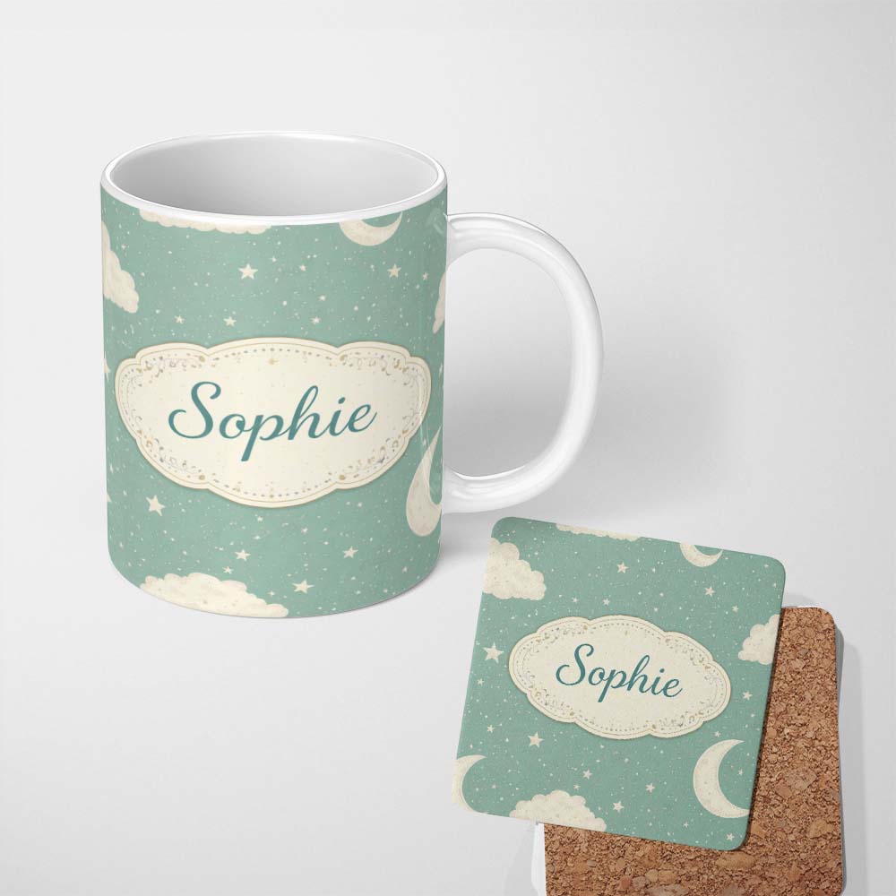Personalized Custom Name Soft Teal Moon Stars Dreamy Sky Seamless Pattern Cute Unique Gift 11oz Ceramic Coffee Tea Mug White Large Handle