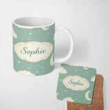 Personalized Custom Name Soft Teal Moon Stars Dreamy Sky Seamless Pattern Cute Unique Gift 11oz Ceramic Coffee Tea Mug White Large Handle