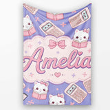 Cute Kawaii Maths Cat Calculator Ruler Seamless Pattern Purple  Personalised Custom Name Super Soft Fleece Blanket Bed Sofa Throw