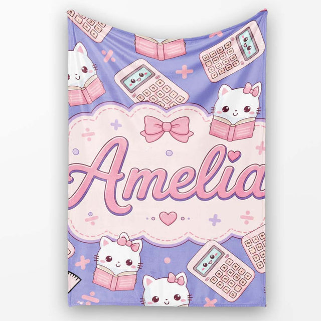 Cute Kawaii Maths Cat Calculator Ruler Seamless Pattern Purple  Personalised Custom Name Super Soft Fleece Blanket Bed Sofa Throw