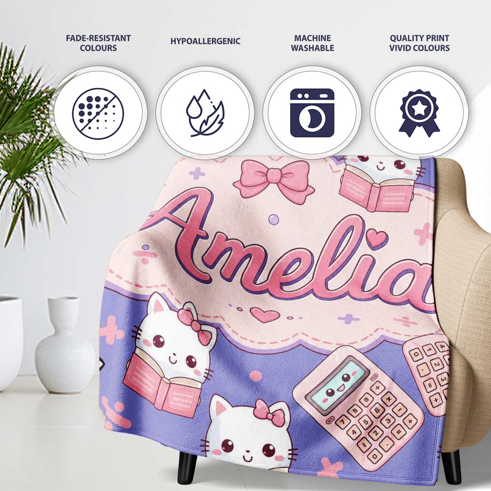 Cute Kawaii Maths Cat Calculator Ruler Seamless Pattern Purple  Personalised Custom Name Super Soft Fleece Blanket Bed Sofa Throw