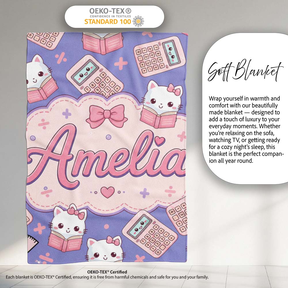 Cute Kawaii Maths Cat Calculator Ruler Seamless Pattern Purple  Personalised Custom Name Super Soft Fleece Blanket Bed Sofa Throw
