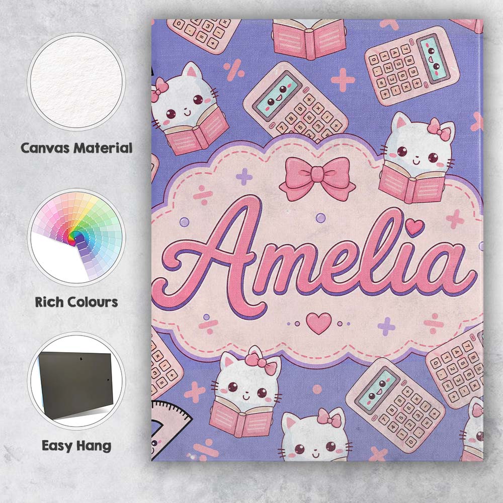 Personalised Name Cute Kawaii Maths Cat Custom  Modern Room Accent Elegant Feature Canvas Wall Art Print Decor Picture Ready to Hang