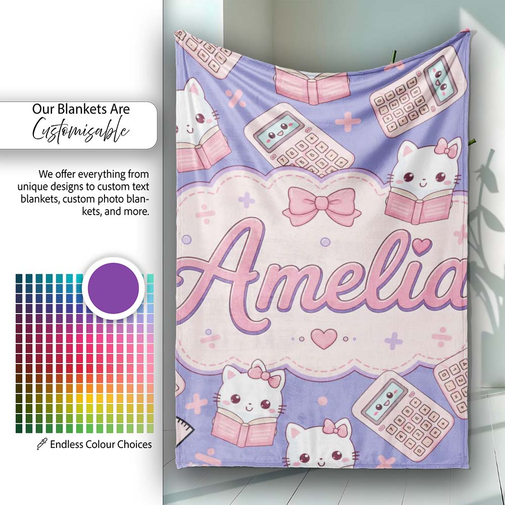 Cute Kawaii Maths Cat Calculator Ruler Seamless Pattern Purple  Personalised Custom Name Super Soft Fleece Blanket Bed Sofa Throw