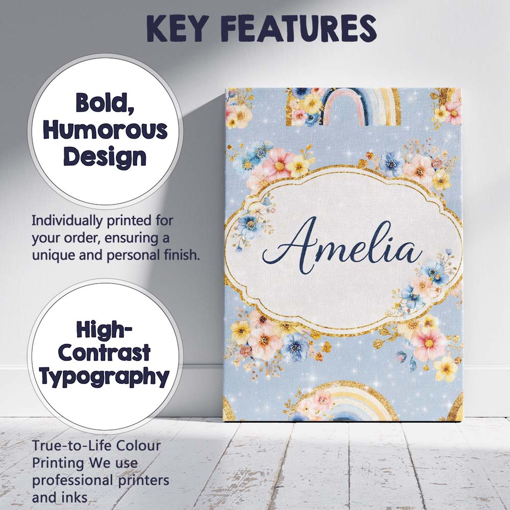 Personalised Name Floral Rainbow Gold Glitter Boho Seamless Pattern Custom Canvas Wall Art Print Decor Picture Ready to Hang