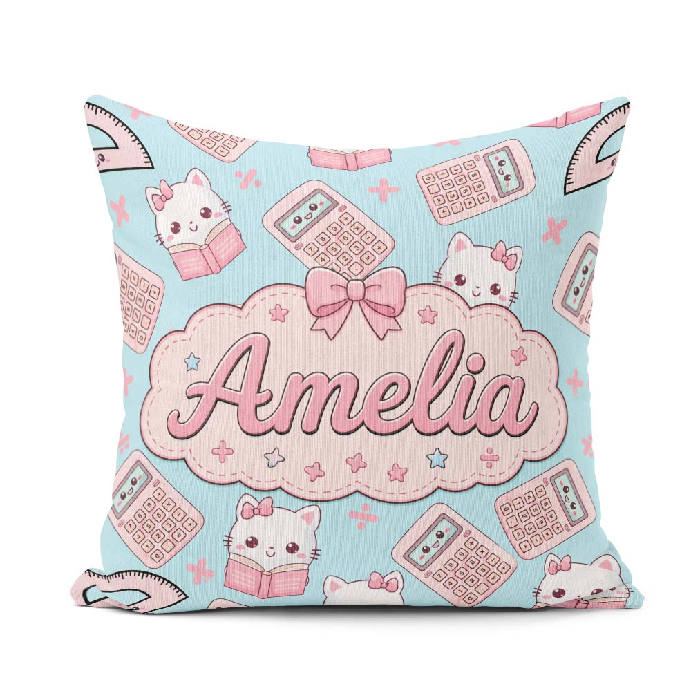 Custom Name Cute Kawaii Maths Cat Calculator Ruler Seamless Blue Square Filled Cushion Throw Pillow Sofa Bed Home Decor Zip Washable UK Made