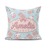 Custom Name Cute Kawaii Maths Cat Calculator Ruler Seamless Blue Square Filled Cushion Throw Pillow Sofa Bed Home Decor Zip Washable UK Made