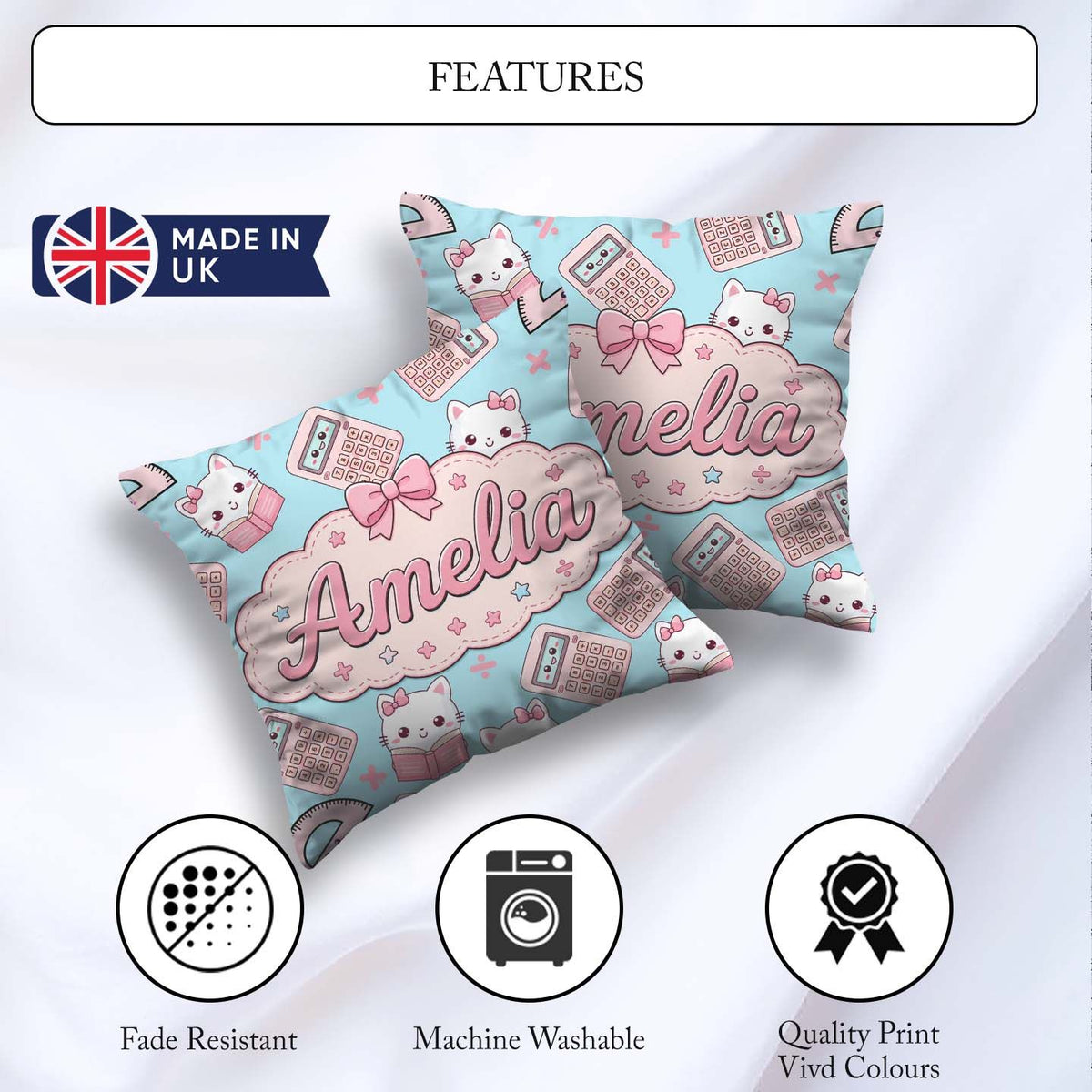 Custom Name Cute Kawaii Maths Cat Calculator Ruler Seamless Blue Square Filled Cushion Throw Pillow Sofa Bed Home Decor Zip Washable UK Made