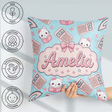Custom Name Cute Kawaii Maths Cat Calculator Ruler Seamless Blue Square Filled Cushion Throw Pillow Sofa Bed Home Decor Zip Washable UK Made