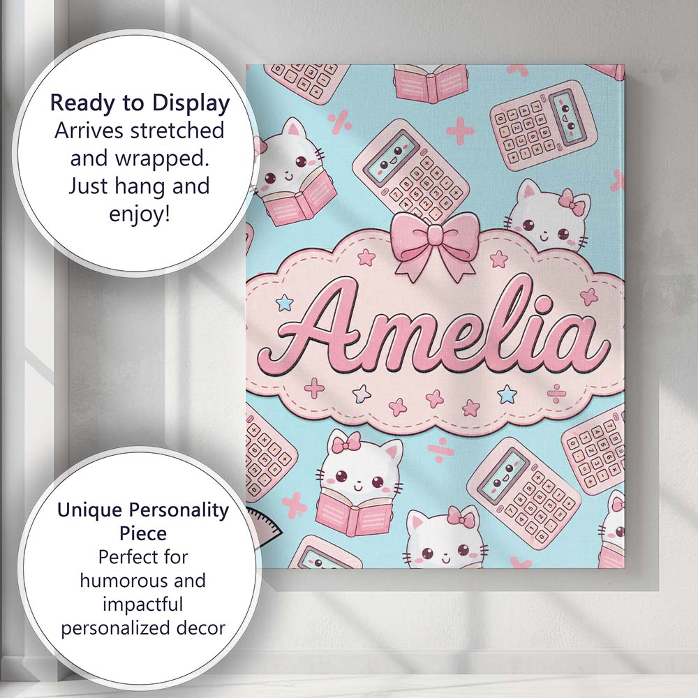 Personalised Name Cute Kawaii Maths Cat Custom  Modern Room Accent Elegant Feature Canvas Wall Art Print Decor Picture Ready to Hang