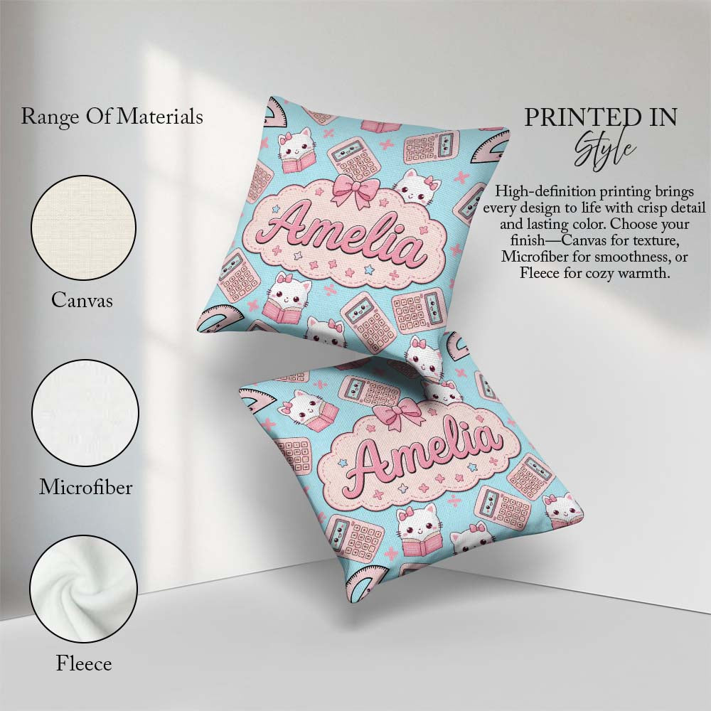 Custom Name Cute Kawaii Maths Cat Calculator Ruler Seamless Blue Square Filled Cushion Throw Pillow Sofa Bed Home Decor Zip Washable UK Made