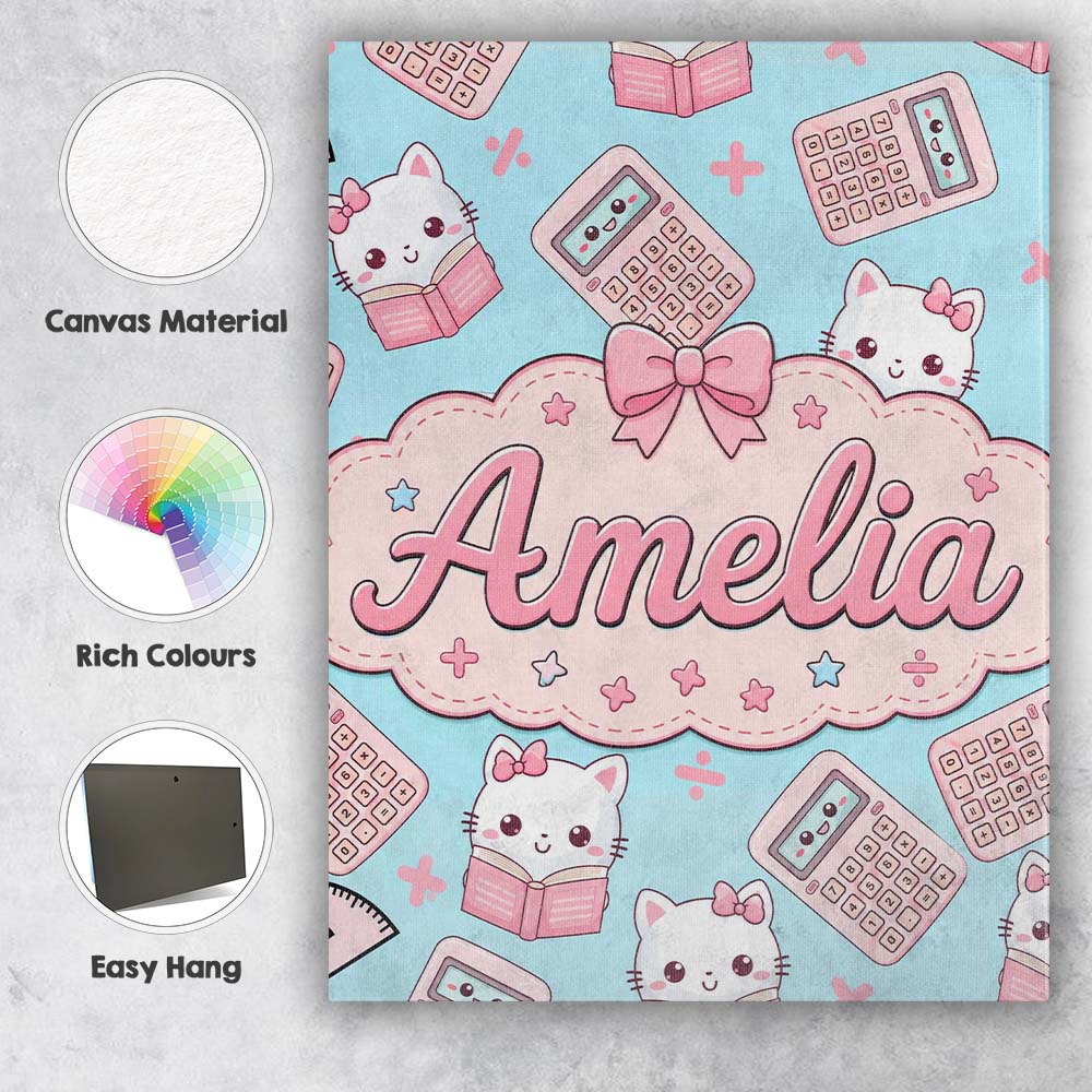 Personalised Name Cute Kawaii Maths Cat Custom  Modern Room Accent Elegant Feature Canvas Wall Art Print Decor Picture Ready to Hang