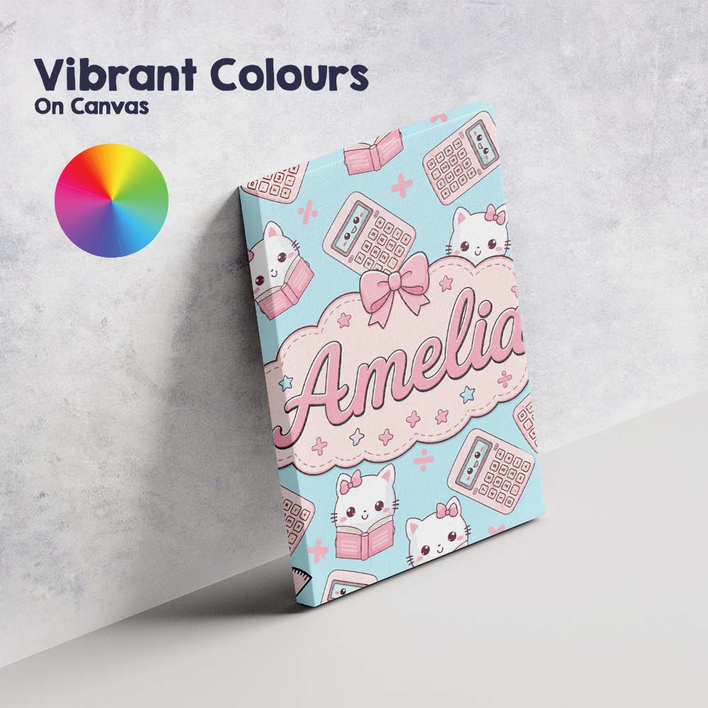 Personalised Name Cute Kawaii Maths Cat Custom  Modern Room Accent Elegant Feature Canvas Wall Art Print Decor Picture Ready to Hang