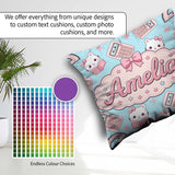 Custom Name Cute Kawaii Maths Cat Calculator Ruler Seamless Blue Square Filled Cushion Throw Pillow Sofa Bed Home Decor Zip Washable UK Made