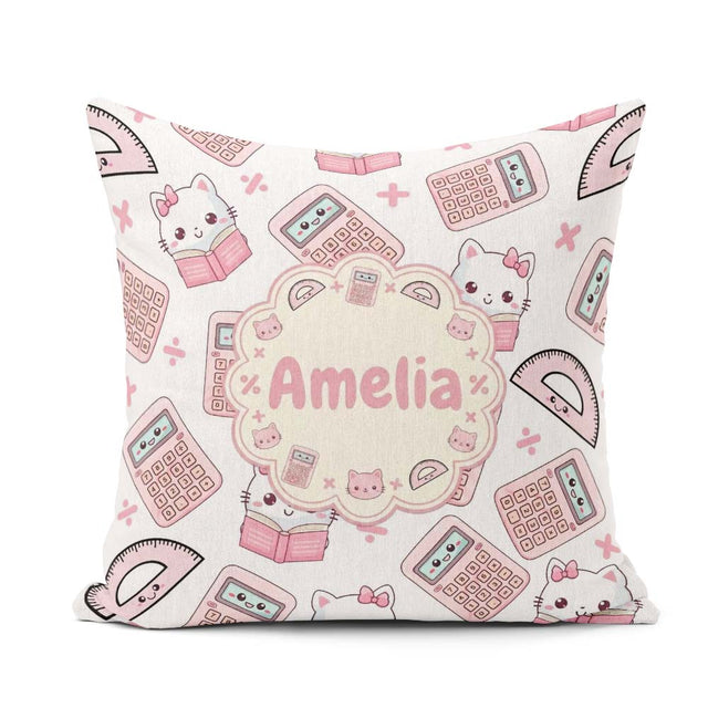 Custom Name Cute Kawaii Maths Cat Calculator Ruler Pattern White Square Filled Cushion Throw Pillow Sofa Bed Home Decor Zip Washable UK Made