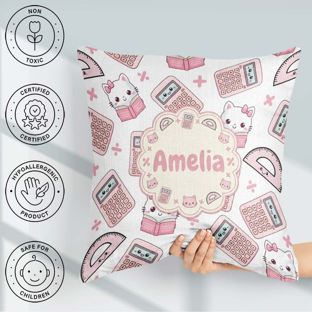 Custom Name Cute Kawaii Maths Cat Calculator Ruler Pattern White Square Filled Cushion Throw Pillow Sofa Bed Home Decor Zip Washable UK Made