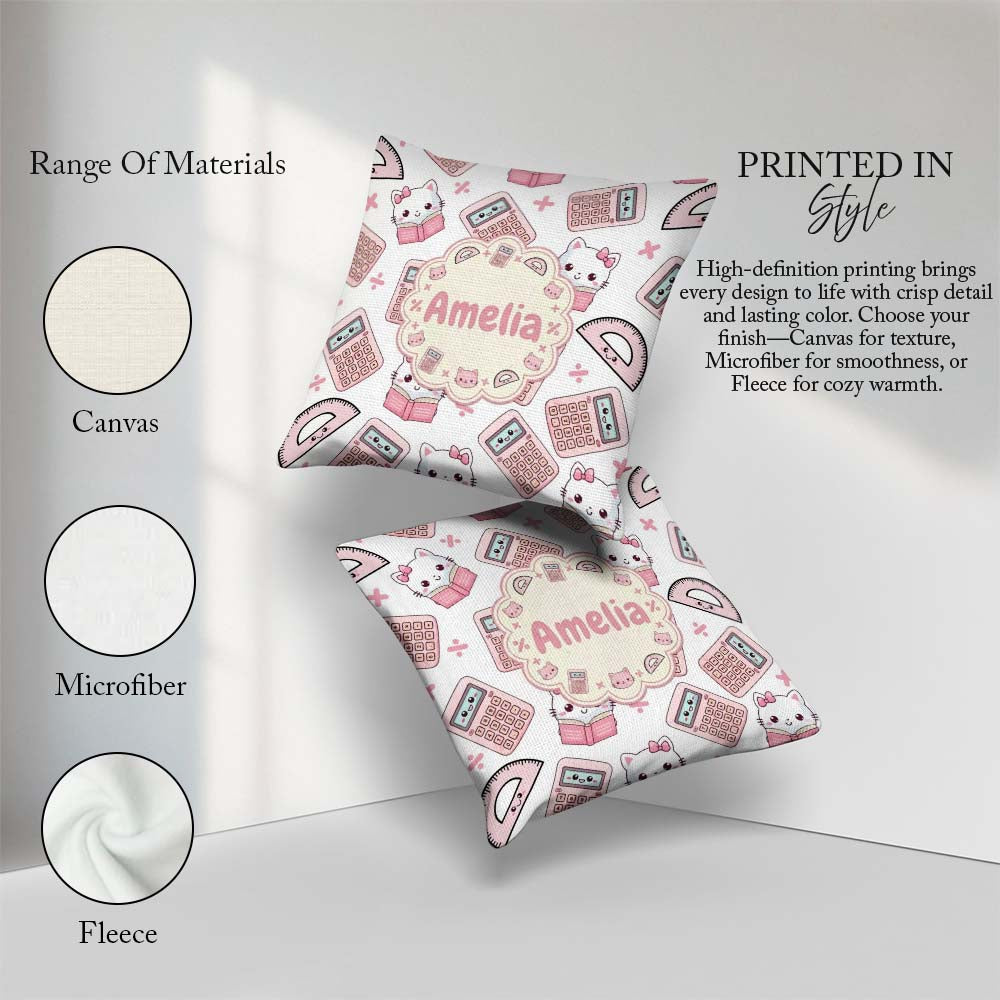 Custom Name Cute Kawaii Maths Cat Calculator Ruler Pattern White Square Filled Cushion Throw Pillow Sofa Bed Home Decor Zip Washable UK Made