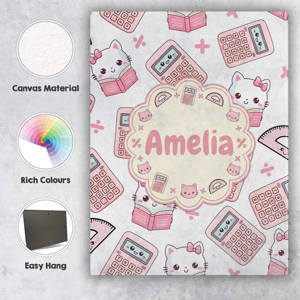 Personalised Name Cute Kawaii Maths Cat Custom  Modern Room Accent Elegant Feature Canvas Wall Art Print Decor Picture Ready to Hang