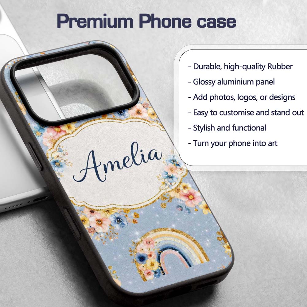 Floral Rainbow Gold Glitter Boho Seamless Pattern Custom Name Protective Phone Case Mobile Cover Durable Everyday Smartphone Shock Resistant