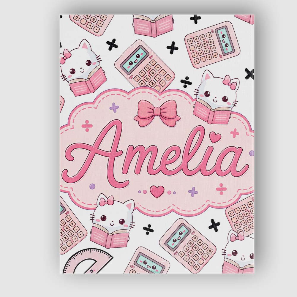 Personalised Name Cute Kawaii Maths Cat Custom  Modern Room Accent Elegant Feature Canvas Wall Art Print Decor Picture Ready to Hang