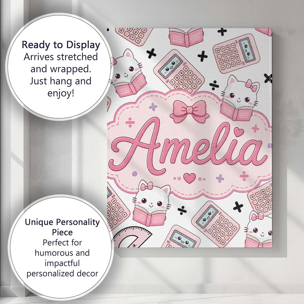 Personalised Name Cute Kawaii Maths Cat Custom  Modern Room Accent Elegant Feature Canvas Wall Art Print Decor Picture Ready to Hang