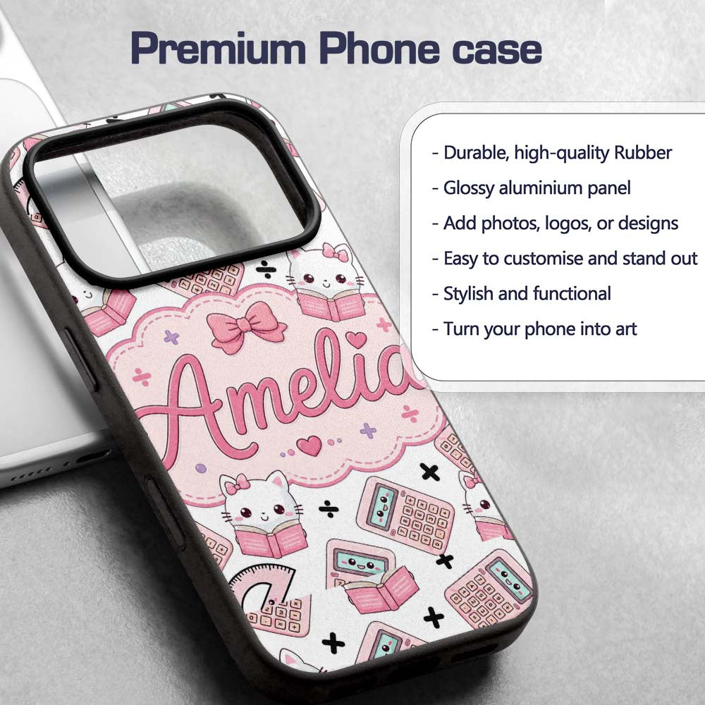 Cute Kawaii Maths Cat Calculator Ruler Seamless Custom Name Protective Phone Case Mobile Cover Durable Everyday Smartphone Shock Resistant
