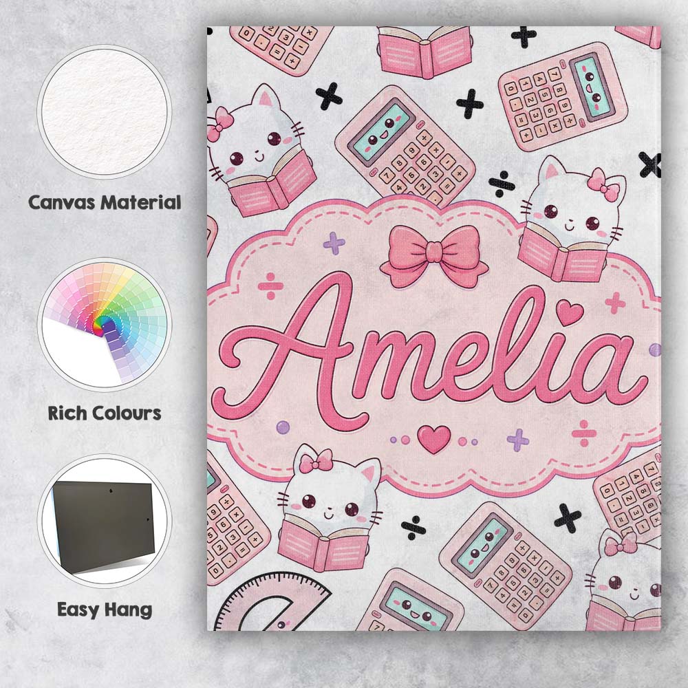 Personalised Name Cute Kawaii Maths Cat Custom  Modern Room Accent Elegant Feature Canvas Wall Art Print Decor Picture Ready to Hang