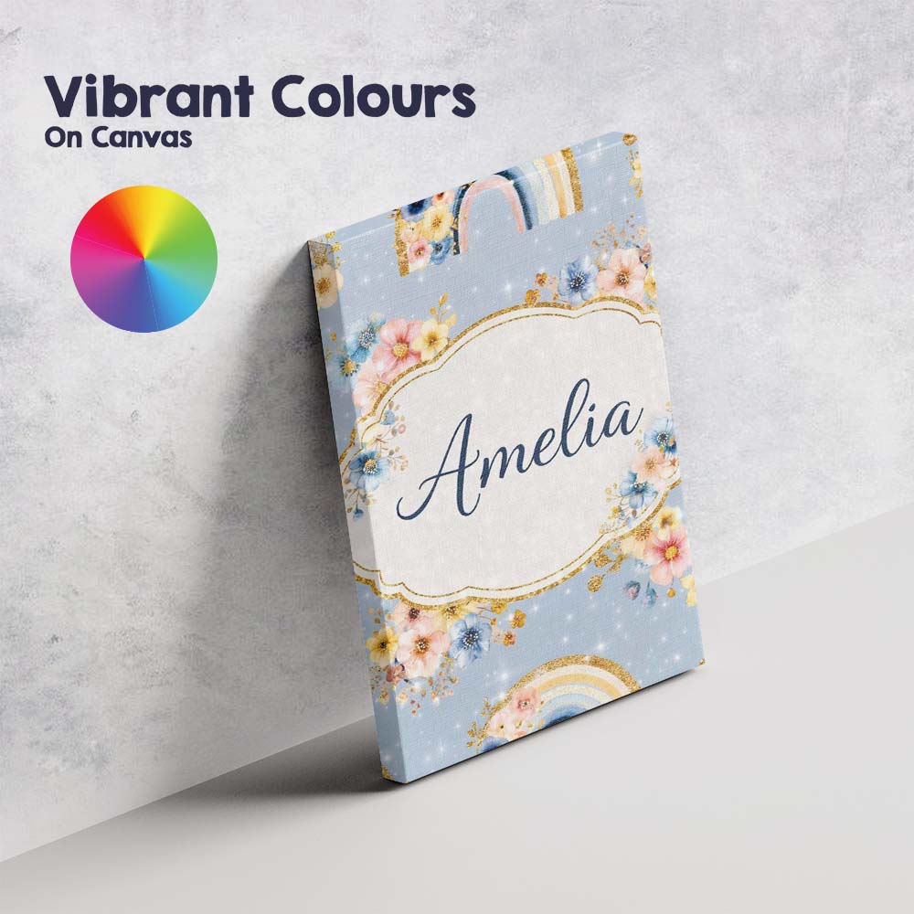 Personalised Name Floral Rainbow Gold Glitter Boho Seamless Pattern Custom Canvas Wall Art Print Decor Picture Ready to Hang