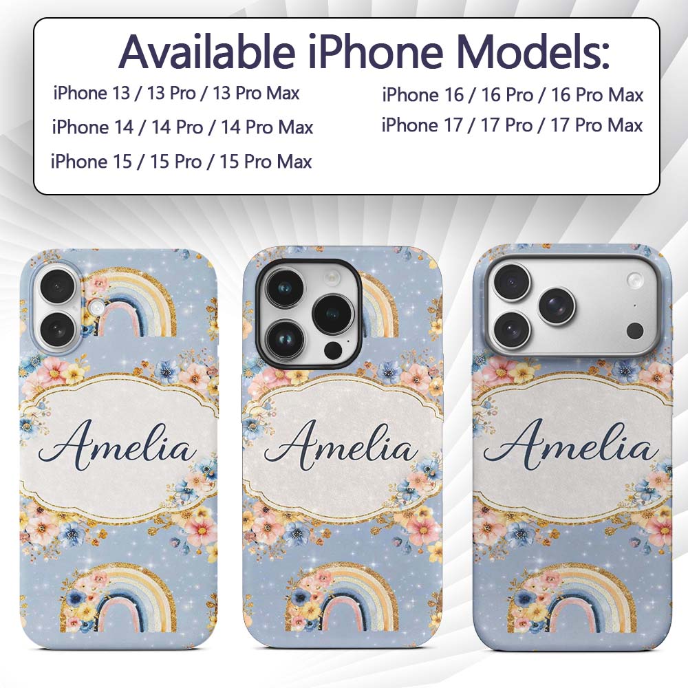 Floral Rainbow Gold Glitter Boho Seamless Pattern Custom Name Protective Phone Case Mobile Cover Durable Everyday Smartphone Shock Resistant