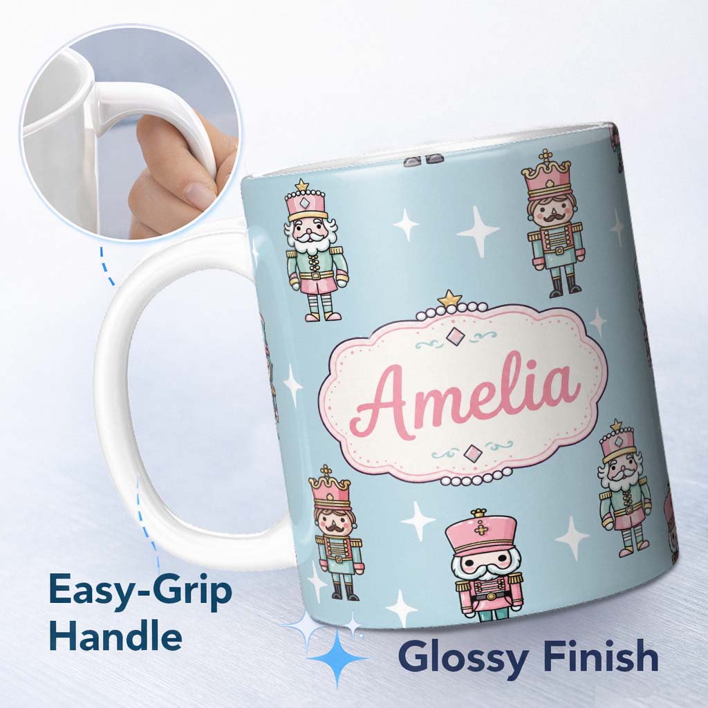 Personalized Custom Name Cute Nutcracker Soldiers Christmas Toy Characters Pattern Soft Blue 11oz Ceramic Coffee Tea Mug White Large Handle