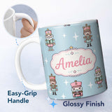 Personalized Custom Name Cute Nutcracker Soldiers Christmas Toy Characters Pattern Soft Blue 11oz Ceramic Coffee Tea Mug White Large Handle