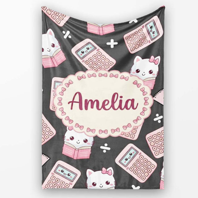 Cute Kawaii Maths Cat Calculator Ruler Seamless Pattern Dark Grey  Personalised Custom Name Super Soft Fleece Blanket Bed Sofa Throw