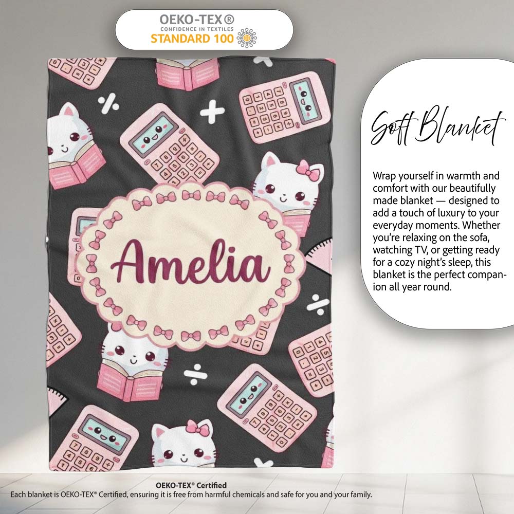 Cute Kawaii Maths Cat Calculator Ruler Seamless Pattern Dark Grey  Personalised Custom Name Super Soft Fleece Blanket Bed Sofa Throw