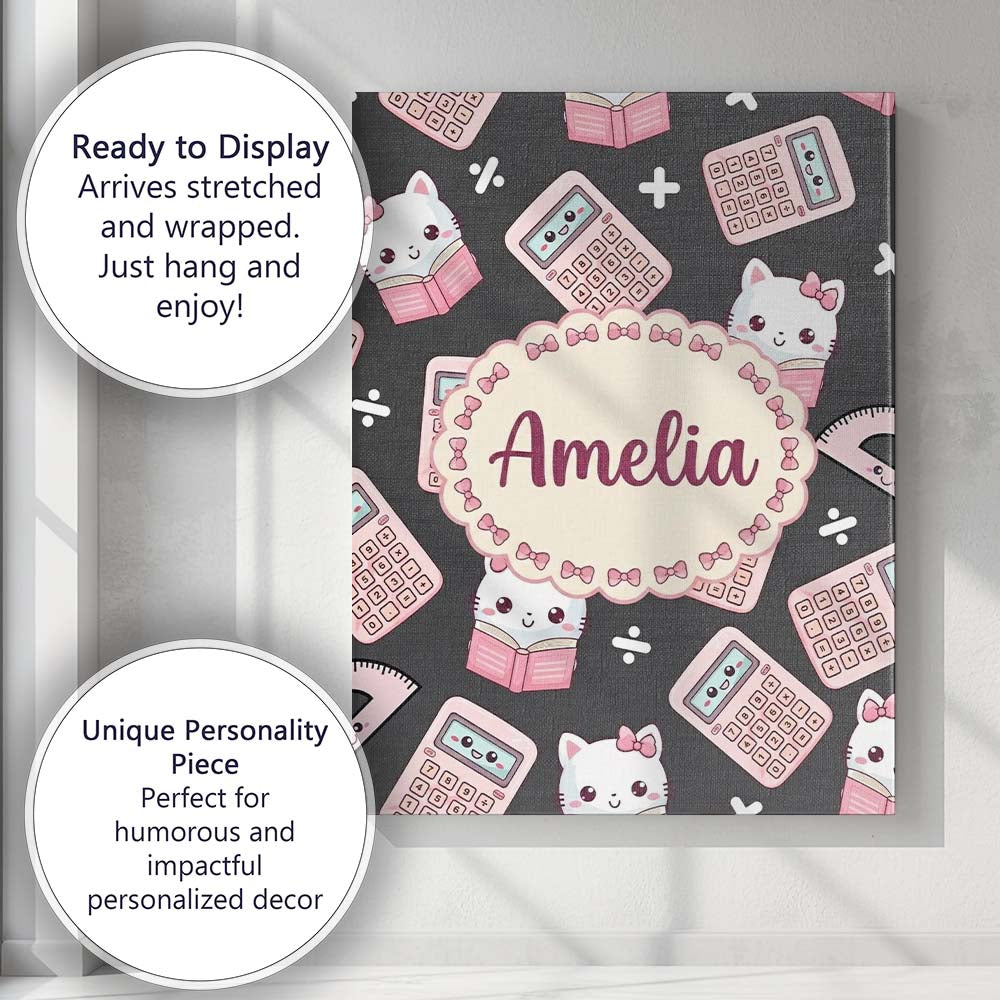 Personalised Name Cute Kawaii Maths Cat Custom  Modern Room Accent Elegant Feature Canvas Wall Art Print Decor Picture Ready to Hang