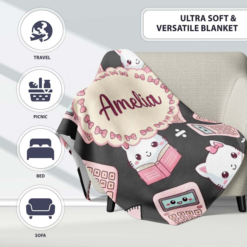 Cute Kawaii Maths Cat Calculator Ruler Seamless Pattern Dark Grey  Personalised Custom Name Super Soft Fleece Blanket Bed Sofa Throw