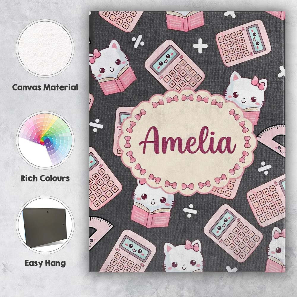 Personalised Name Cute Kawaii Maths Cat Custom  Modern Room Accent Elegant Feature Canvas Wall Art Print Decor Picture Ready to Hang
