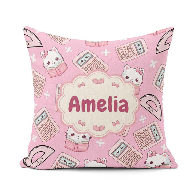 Custom Name Cute Kawaii Maths Cat Calculator Ruler Seamless Pink Square Filled Cushion Throw Pillow Sofa Bed Home Decor Zip Washable UK Made