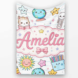 Cute Kawaii School Cat Books Stationery Seamless Pattern Blue Lines  Personalised Custom Name Super Soft Fleece Blanket Bed Sofa Throw