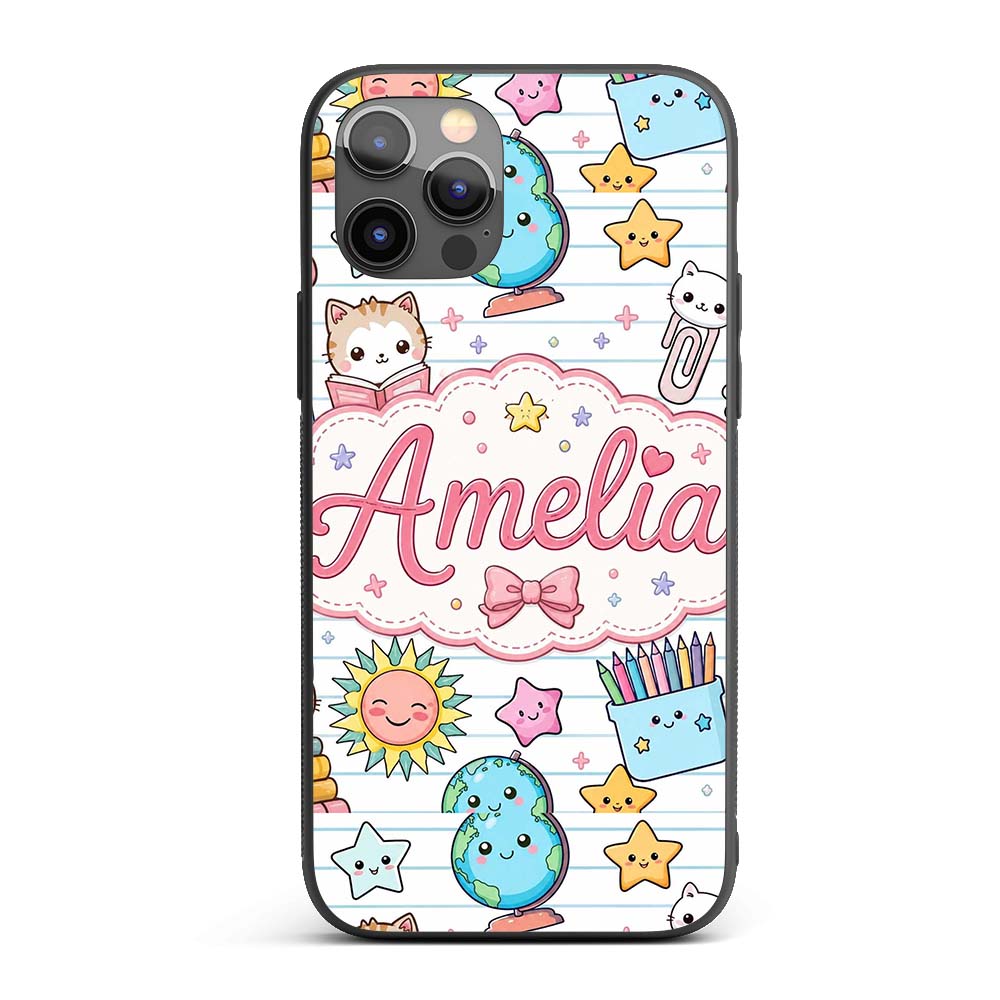 Cute Kawaii School Cat Books Stationery Seamless Custom Name Protective Phone Case Mobile Cover Durable Everyday Smartphone Shock Resistant