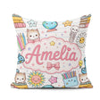 Custom Name Kawaii School Cat Books Seamless Pattern Blue Lines Square Filled Cushion Throw Pillow Sofa Bed Home Decor Zip Washable UK Made