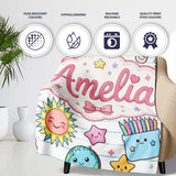 Cute Kawaii School Cat Books Stationery Seamless Pattern Blue Lines  Personalised Custom Name Super Soft Fleece Blanket Bed Sofa Throw