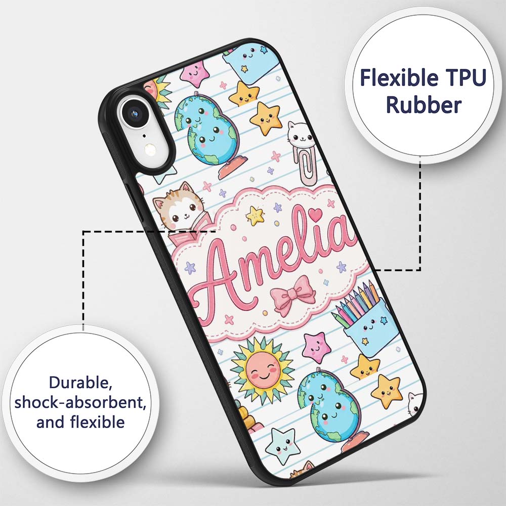 Cute Kawaii School Cat Books Stationery Seamless Custom Name Protective Phone Case Mobile Cover Durable Everyday Smartphone Shock Resistant