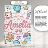 Cute Kawaii School Cat Books Stationery Seamless Pattern Blue Lines  Personalised Custom Name Super Soft Fleece Blanket Bed Sofa Throw