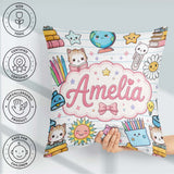 Custom Name Kawaii School Cat Books Seamless Pattern Blue Lines Square Filled Cushion Throw Pillow Sofa Bed Home Decor Zip Washable UK Made