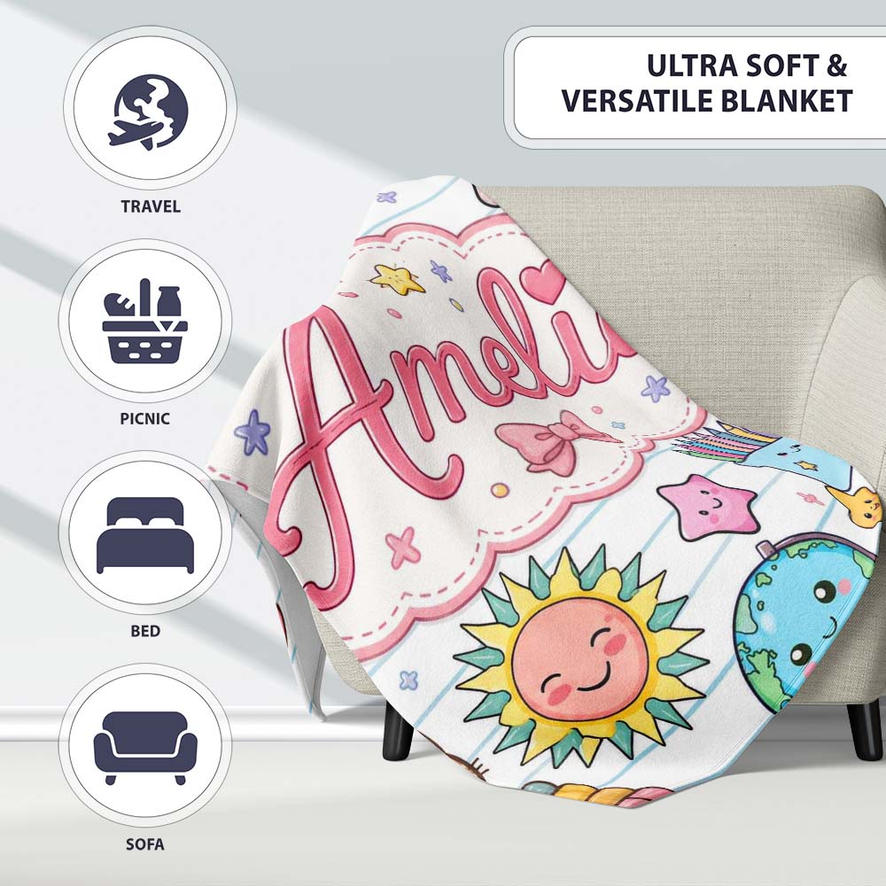 Cute Kawaii School Cat Books Stationery Seamless Pattern Blue Lines  Personalised Custom Name Super Soft Fleece Blanket Bed Sofa Throw