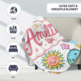 Cute Kawaii School Cat Books Stationery Seamless Pattern Blue Lines  Personalised Custom Name Super Soft Fleece Blanket Bed Sofa Throw