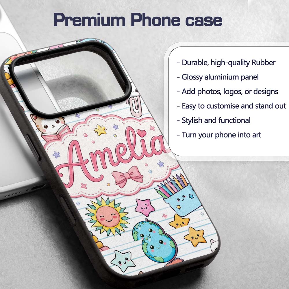 Cute Kawaii School Cat Books Stationery Seamless Custom Name Protective Phone Case Mobile Cover Durable Everyday Smartphone Shock Resistant